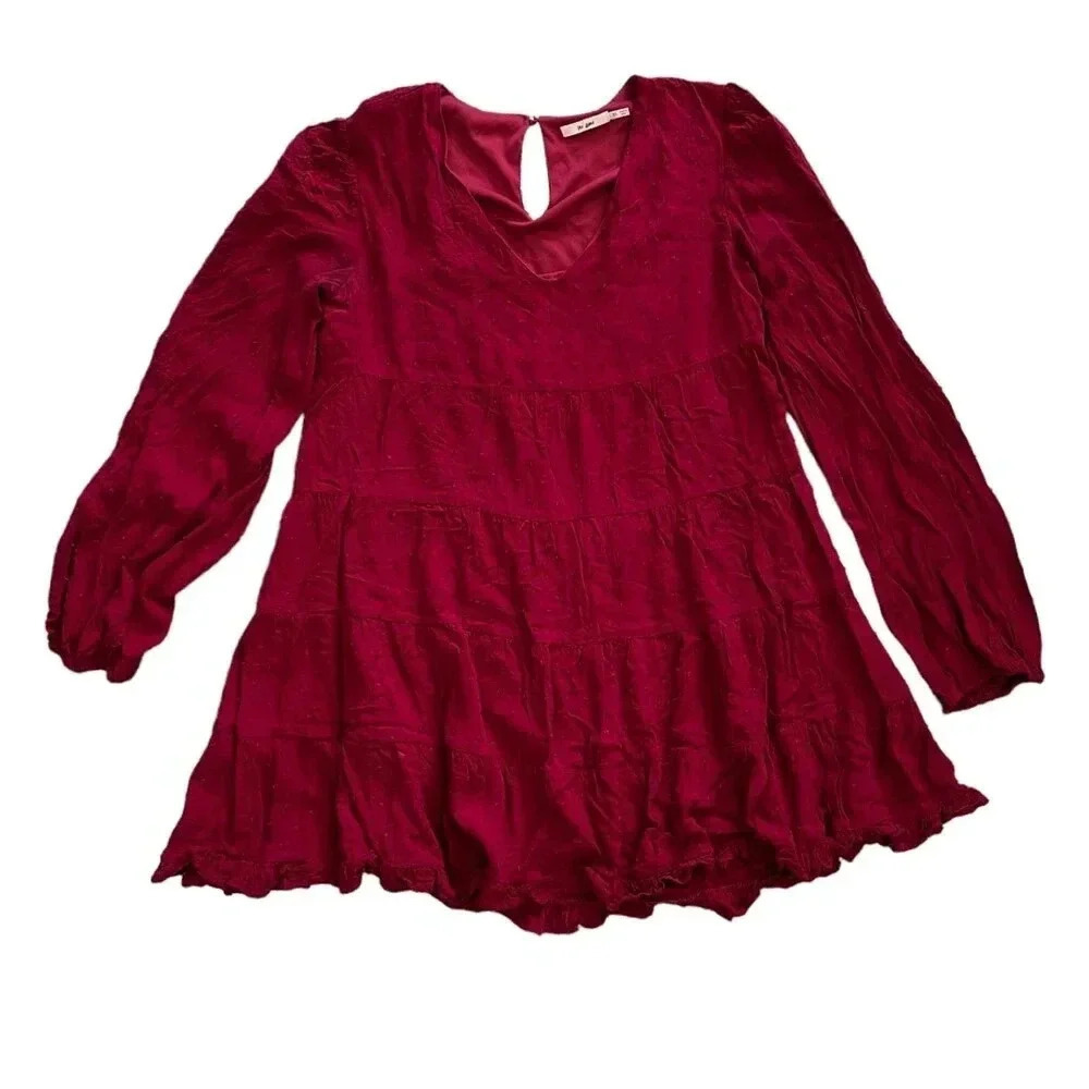 Mi Ami Red Tiered Mini Boho Swiss Dot Swing Dress XS